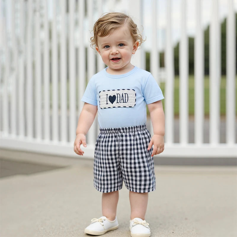 Baby Boys' Father's Day Outfit Set - Letter Heart Embroidery T-Shirt & Plaid Shorts 2pcs
