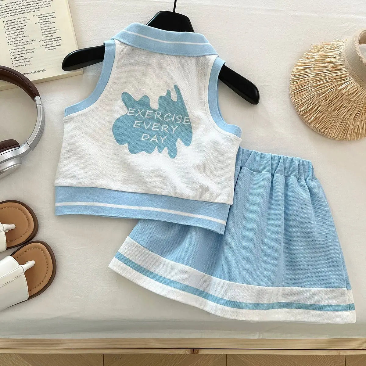 Girl's  Casual Sportswear Sleeveless Polo Shirt and Skirt College Style Easter Children's Sets
