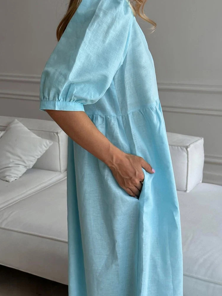 Women's  V-Neck Puff Sleeve Blue Dress- High Waisted Long  Dress