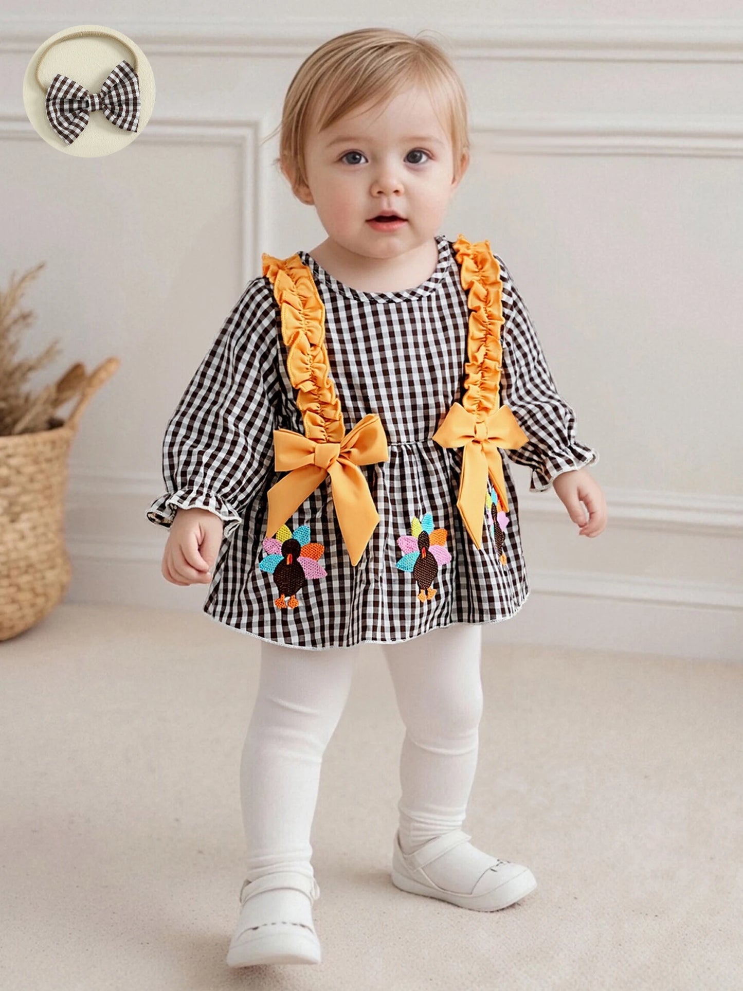 Baby Girls Thanksgiving Romper Dress with Headband - Turkey Plaid Ruffle Long Sleeve Jumpsuit