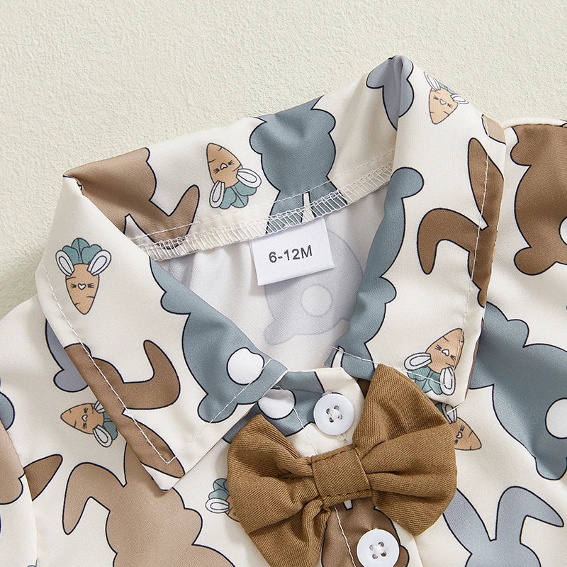 0-4Y Kids Boys Easter Gentleman Clothes Set Bunny Print Short Sleeve Button-up Bow Tie Shirt Elastic Shorts