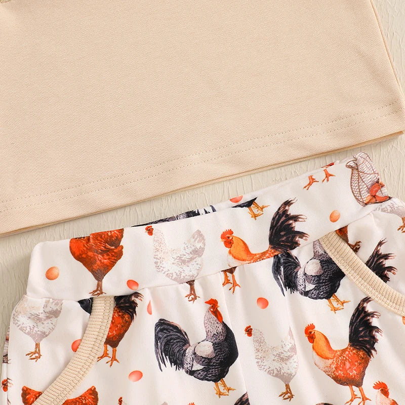 0-4Y Toddler Kids Boys Clothes Sets Rooster Embroidery Short Sleeve T-shirts Elastic Waist Shorts 2PCS