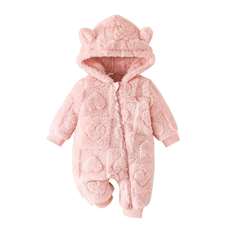 Baby Girls Boys Warm Romper 0-18M Solid Plush Hooded Long Sleeve Jumpsuits