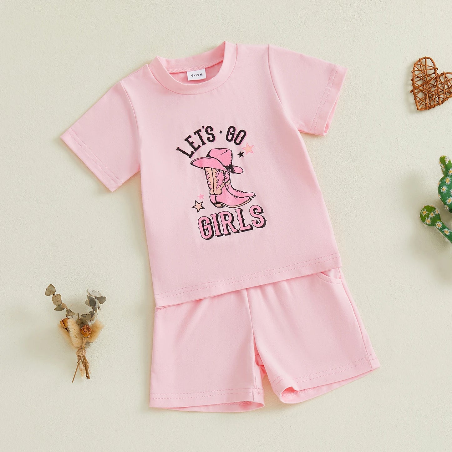 0-4Y Kids Girls Clothes Set Short Sleeve Crew Neck Letters Boots Print T-shirt with Shorts
