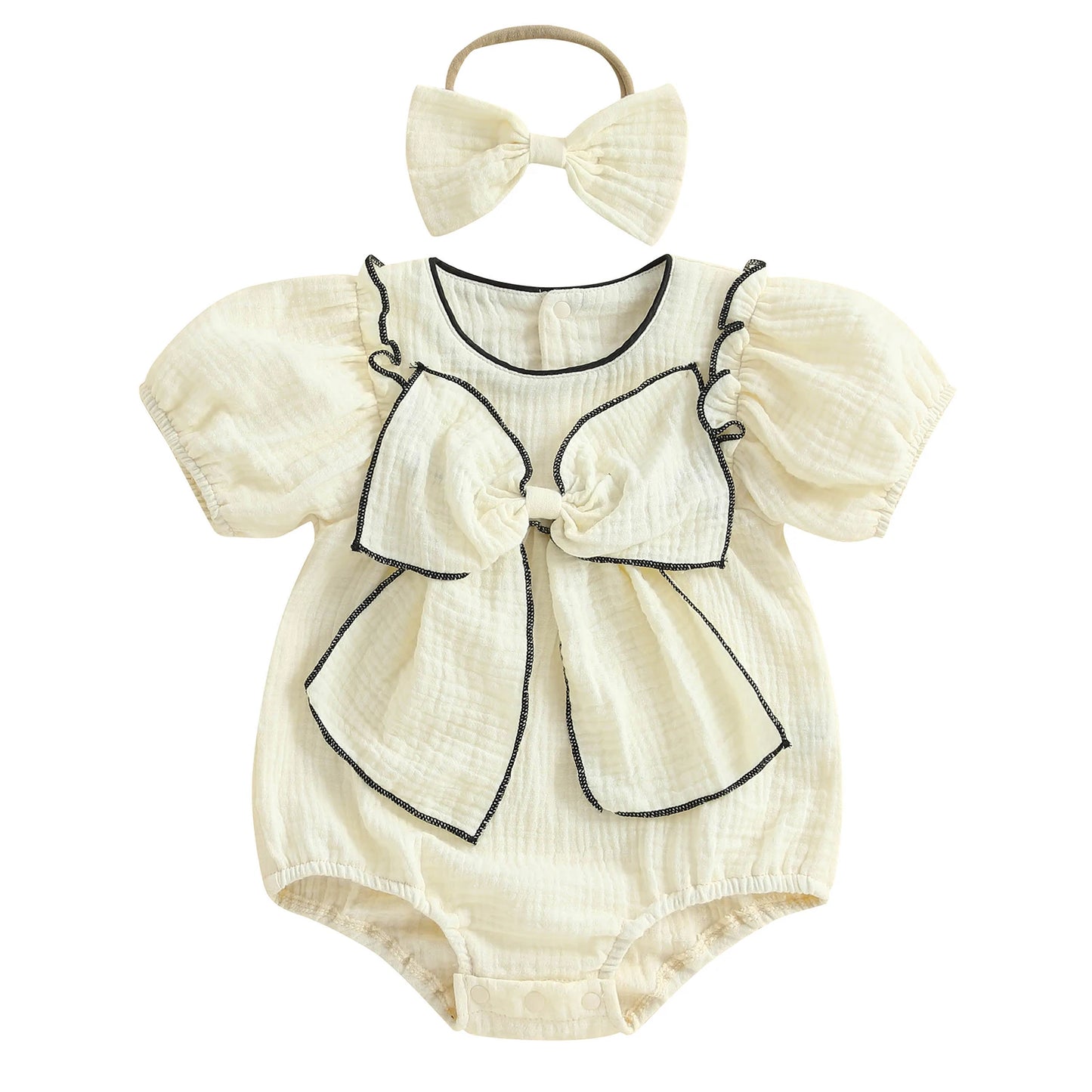 Baby Girls Bow Bubble Romper with Headband - Short Sleeve Ruffled Jumpsuit