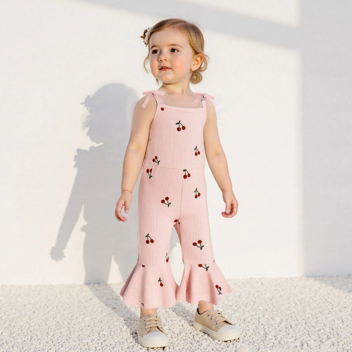 0-5Y Kids Girls Summer Jumpsuit Tie-up Spaghetti Straps Cherry Print Flare Romper Pants