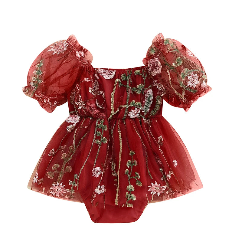 Baby Girls Princess Romper Dress - Flower Embroidery Mesh Skirt Bodysuit