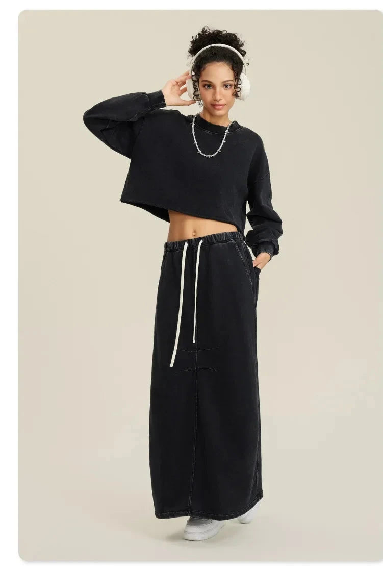 Women's Round Neck Long Sleeved Pullover Top and  Skirt Set