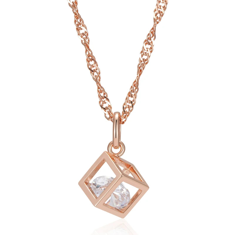 Women's 585 Rose Gold Colour Natural Zircon Hollow Square Pendant Necklace