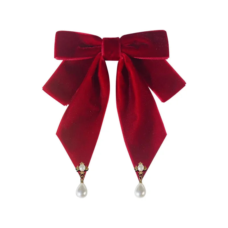 Vintage Velvet Fabric Bow Tie Brooch - Pearl Bowknot Badge Shirt Collar Pin Luxury Necktie