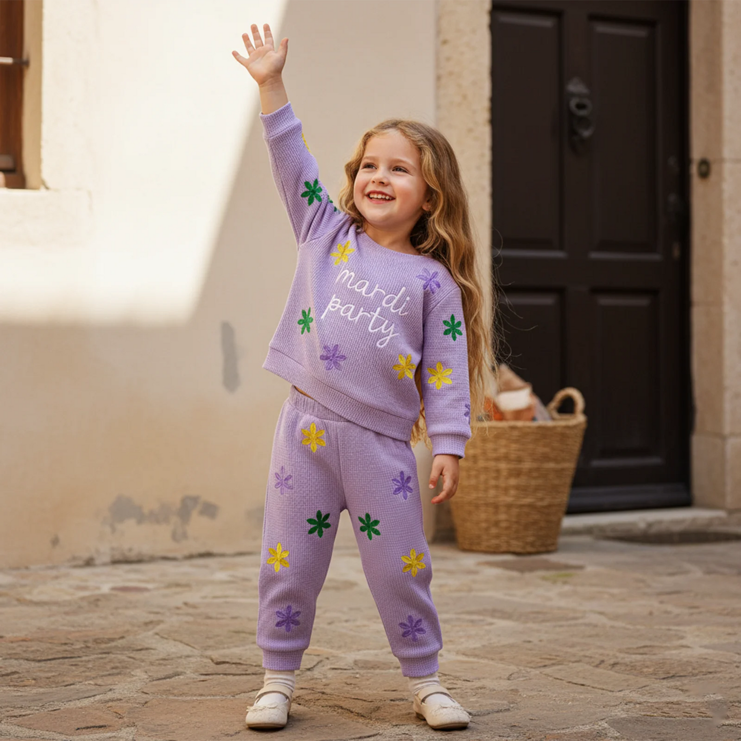 Toddler Kids Girls Carnival Long Sleeve Letter Floral Embroidery Sweatshirt and Pants Set