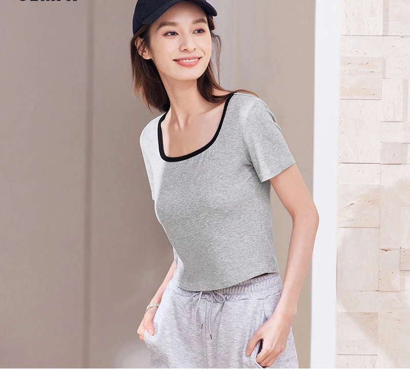 Women's Square Neck Short-Sleeved Slim Fit Top - Versatile Layering Piece