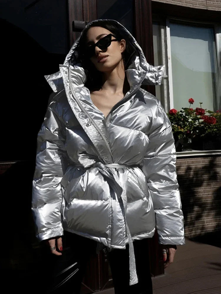 Women's Glossy Hooded Cotton-Padded Jacket