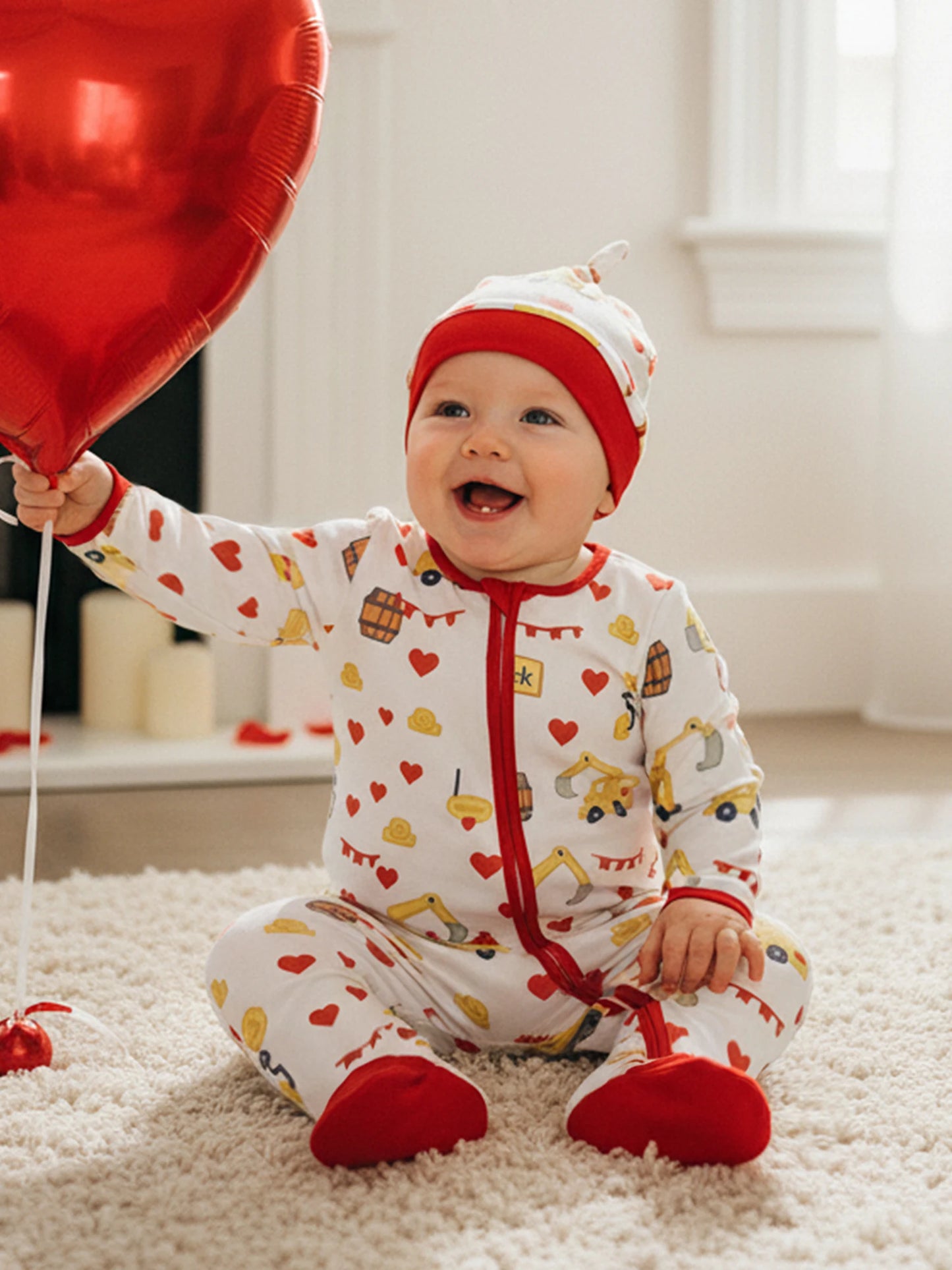 Baby Boys Girls Valentine's Day Romper Set - Excavator Heart Print Jumpsuit with Hat 0-18M