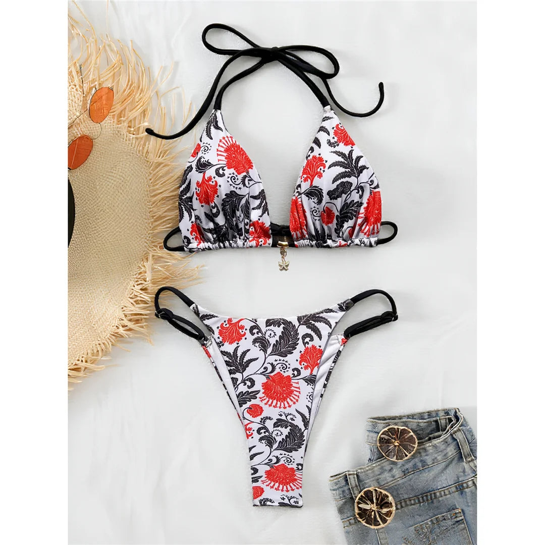 Women's Printed Halter Bikini Swimwear Swimsuit Two-pieces Bikini Set