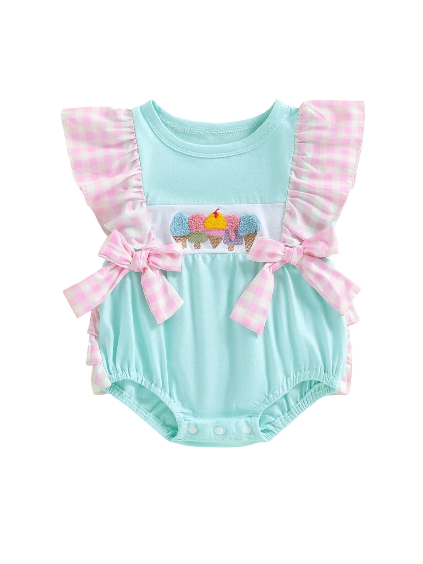 Baby Summer Romper - Plaid Flutter Sleeve Ice Cream Embroidery Jumpsuit