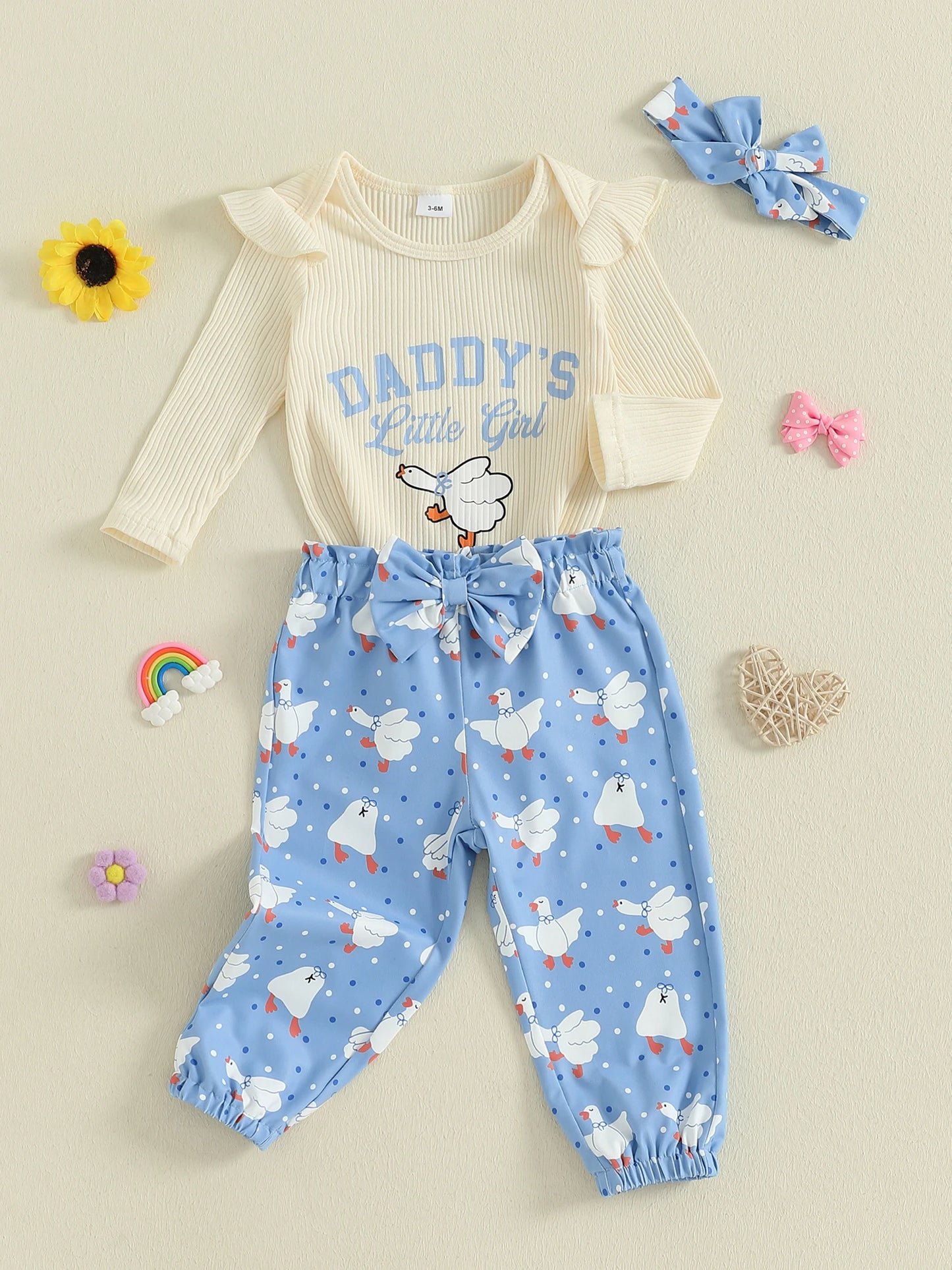 Baby Girls Duck Print Outfit Set - 3-Piece Long Sleeve Romper, Dot Pants & Headband (0-18M)