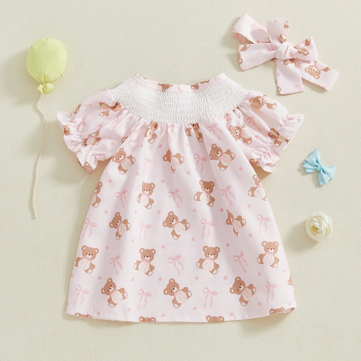 Baby Girls Summer Dress Set - Puff Sleeve Heart & Bow Embroidery with Headband