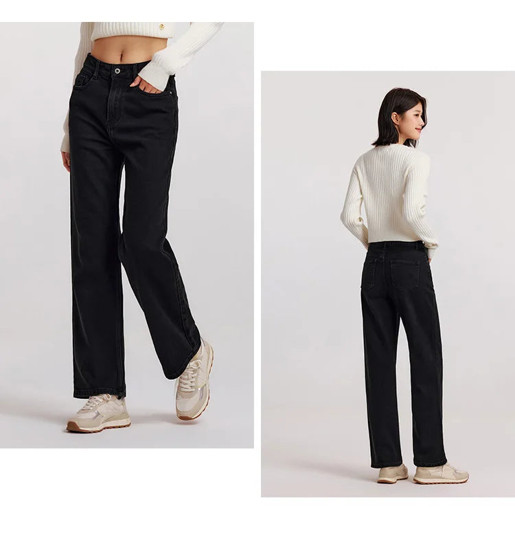 Women's Wide Leg Brushed Denim Jeans - Loose Fit Winter Warm Long Pants