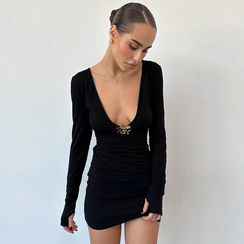 Women's  Metal Embellished Draped Deep V Neck Mini Party Bodycon Dress