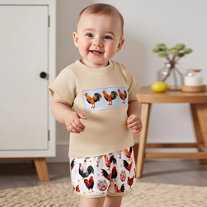 0-4Y Toddler Kids Boys Clothes Sets Rooster Embroidery Short Sleeve T-shirts Elastic Waist Shorts 2PCS