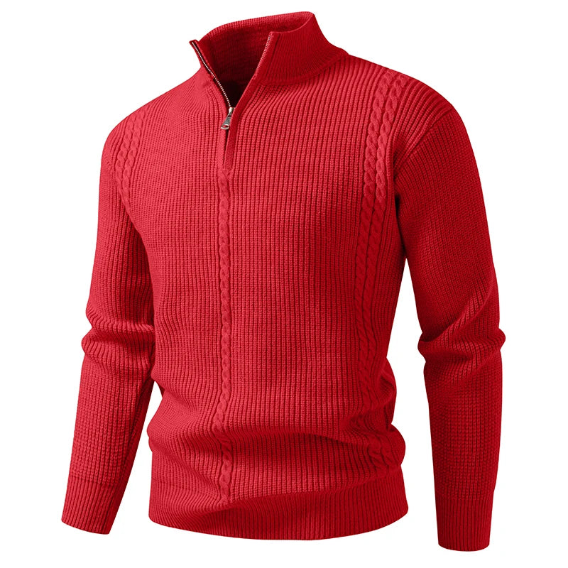 Men's Autumn Winter Half-Zip Stand Collar Knit Sweater - Warm Casual Pullover