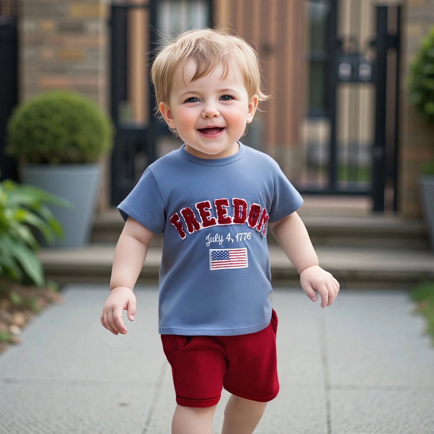 0-4Y Toddler Kids Boys American Flag Clothes Sets Letter Flag Embroidery Crew Neck Short Sleeve T-Shirt and Shorts