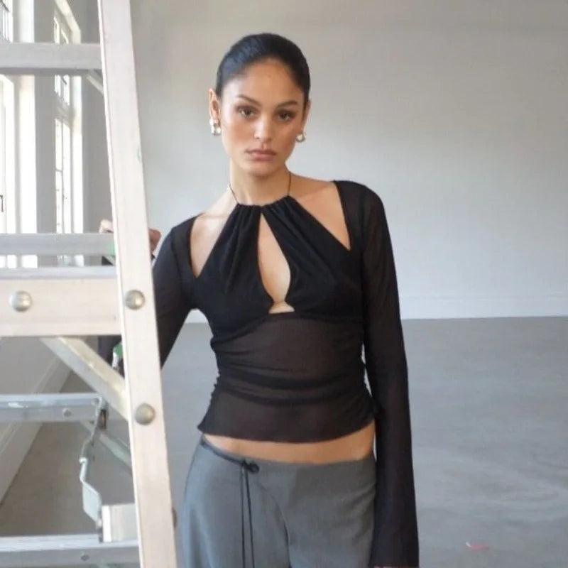 Women's Mesh See Through Long Sleeve Top - Asymmetrical Halter Style