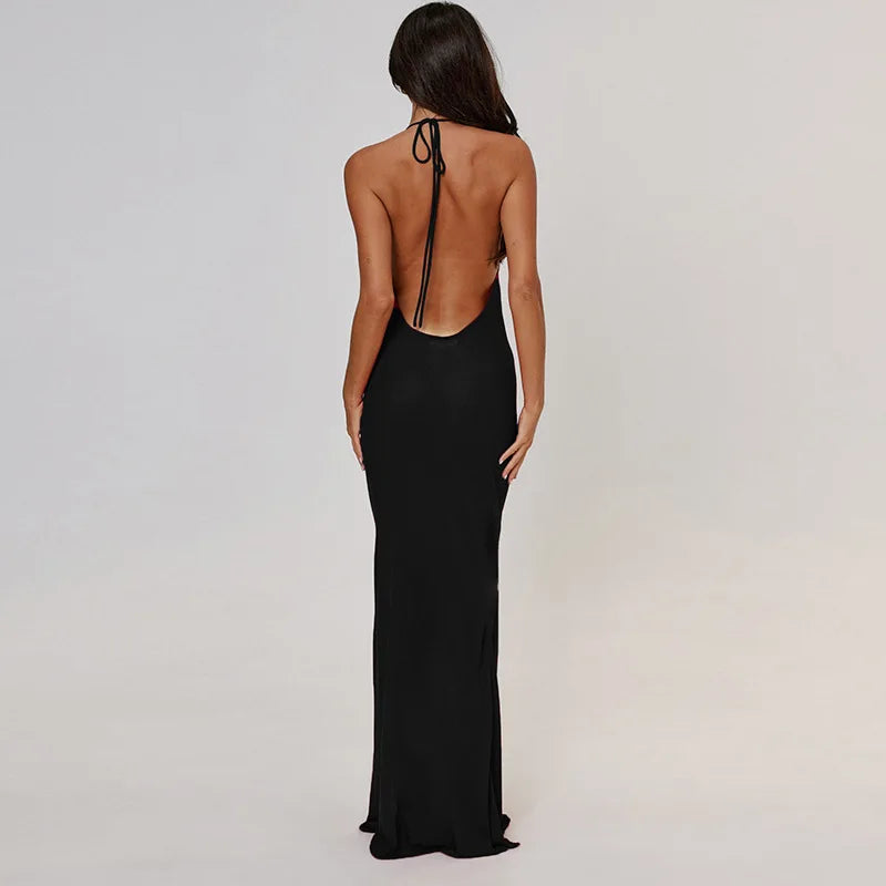 Women's Halter Slip Maxi Slip Sleeveless Open Back Draped Dress