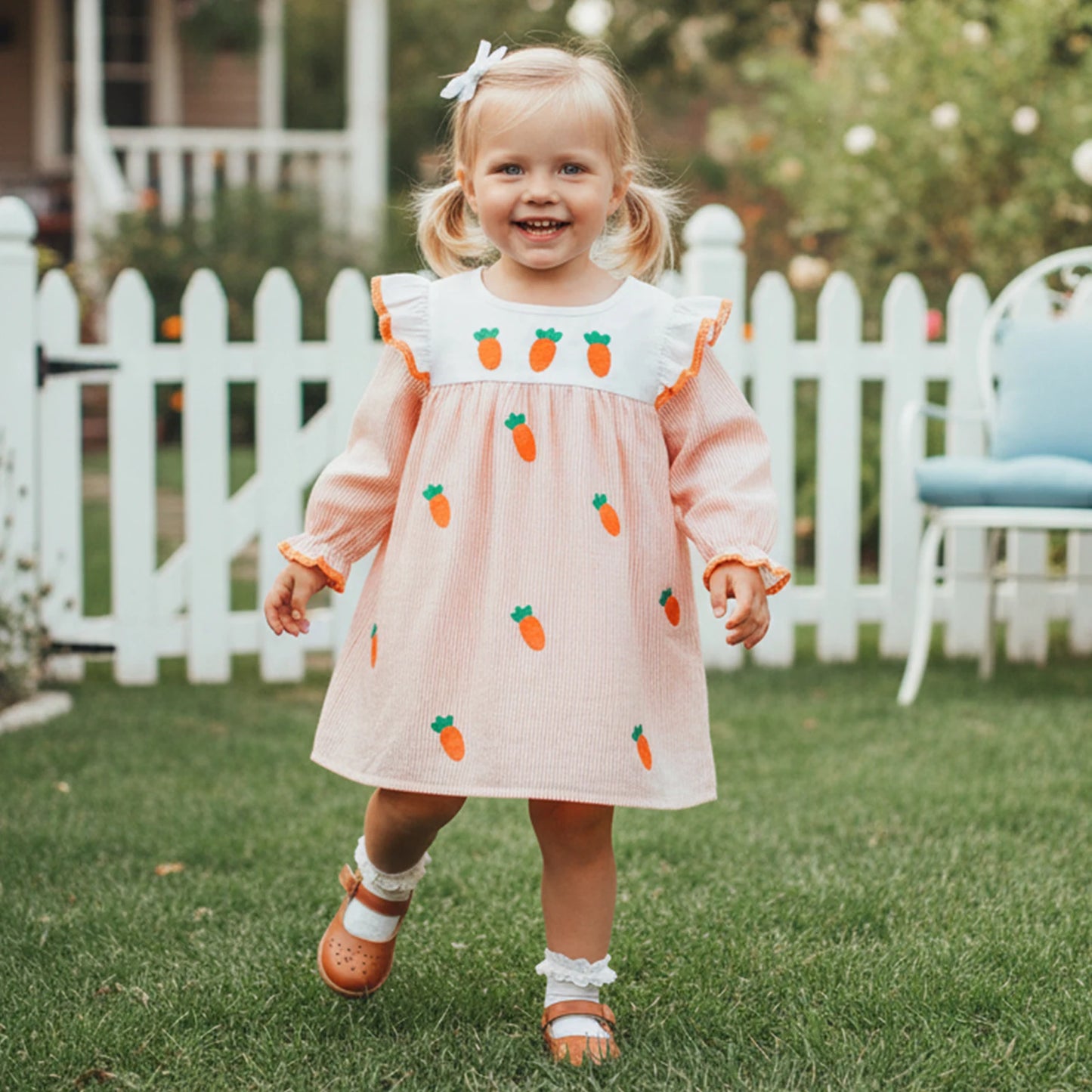 Striped Carrot Embroidered Easter Dress - Girls Long Sleeve A-Line Dress