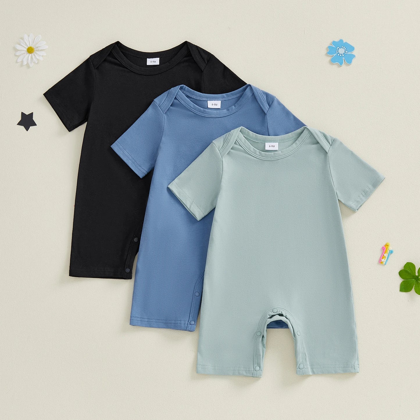 Baby Summer Romper 3-Pack - Solid Color Short Sleeve Jumpsuits