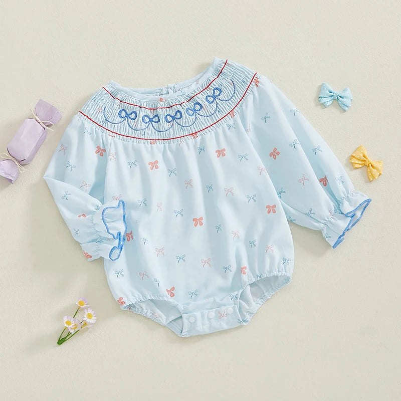 Baby Girls Casual Romper - Long Sleeve Embroidery Bow Print Jumpsuit