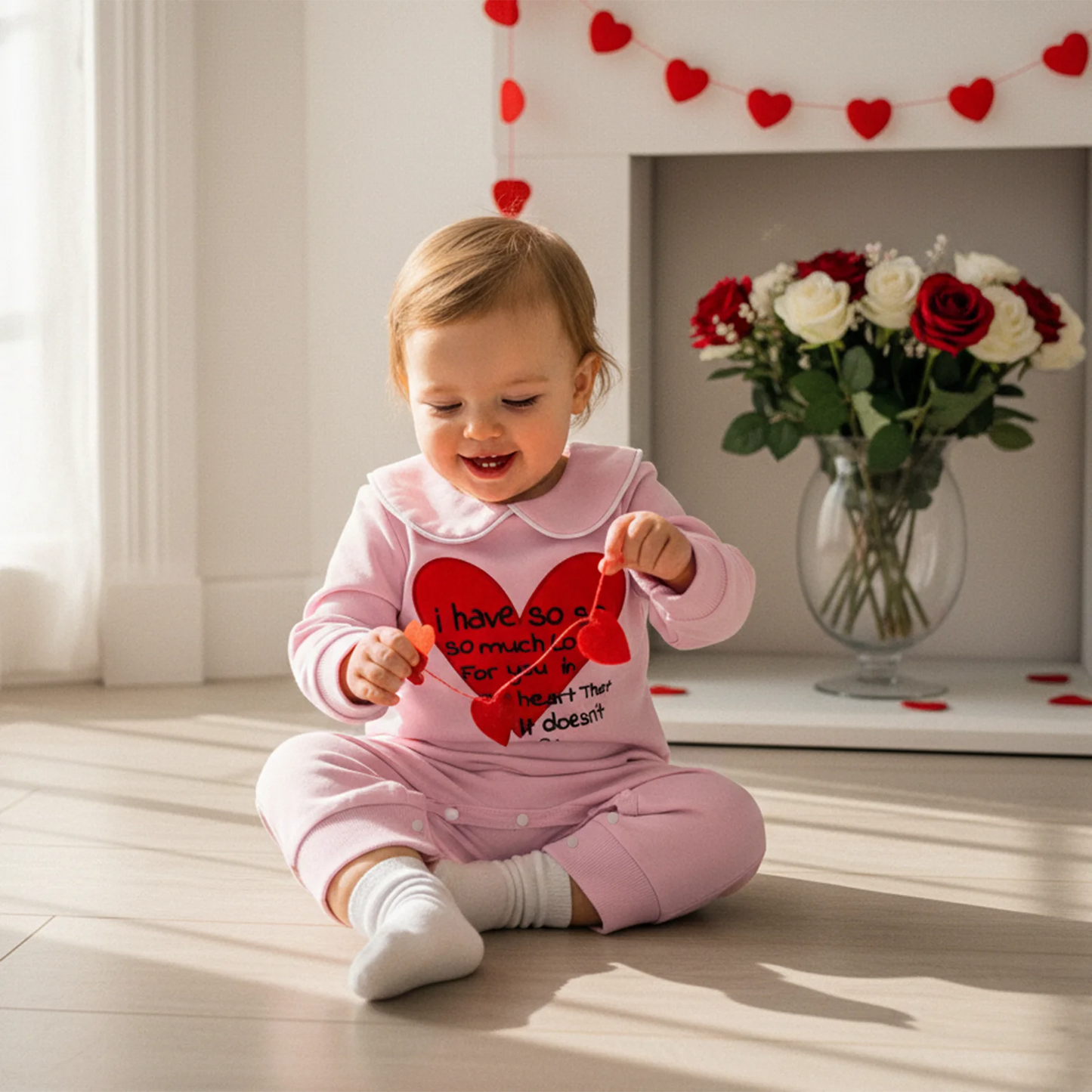 Lovely Baby Valentine's Day Romper - Heart Embroidery Long Sleeve Doll Collar Jumpsuit