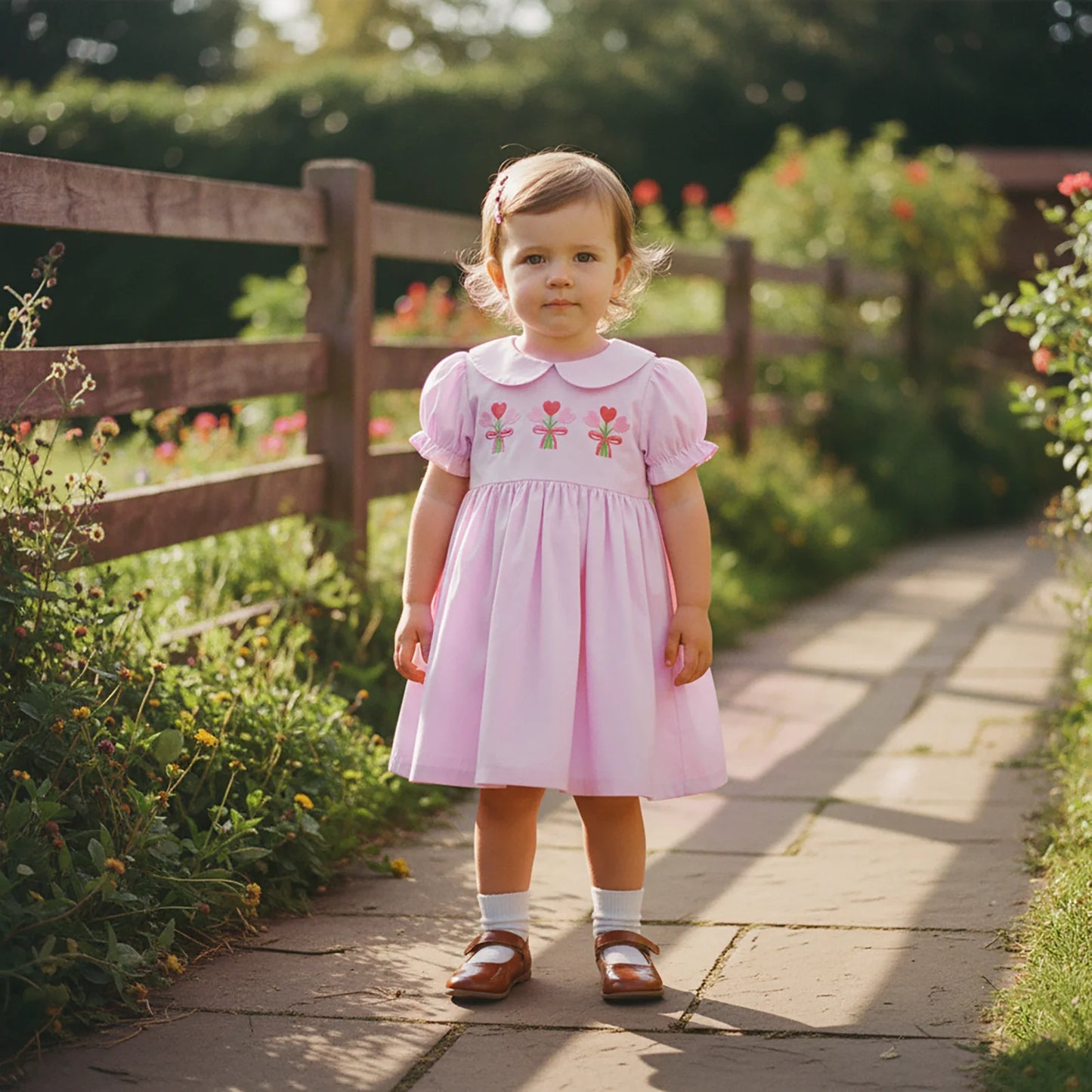 Girls Princess A-Line Dress - Floral Embroidery Doll Collar Short Sleeve