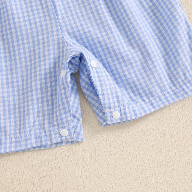 Baby Boys Romper - Doll Collar Golf Embroidery Plaid Jumpsuit