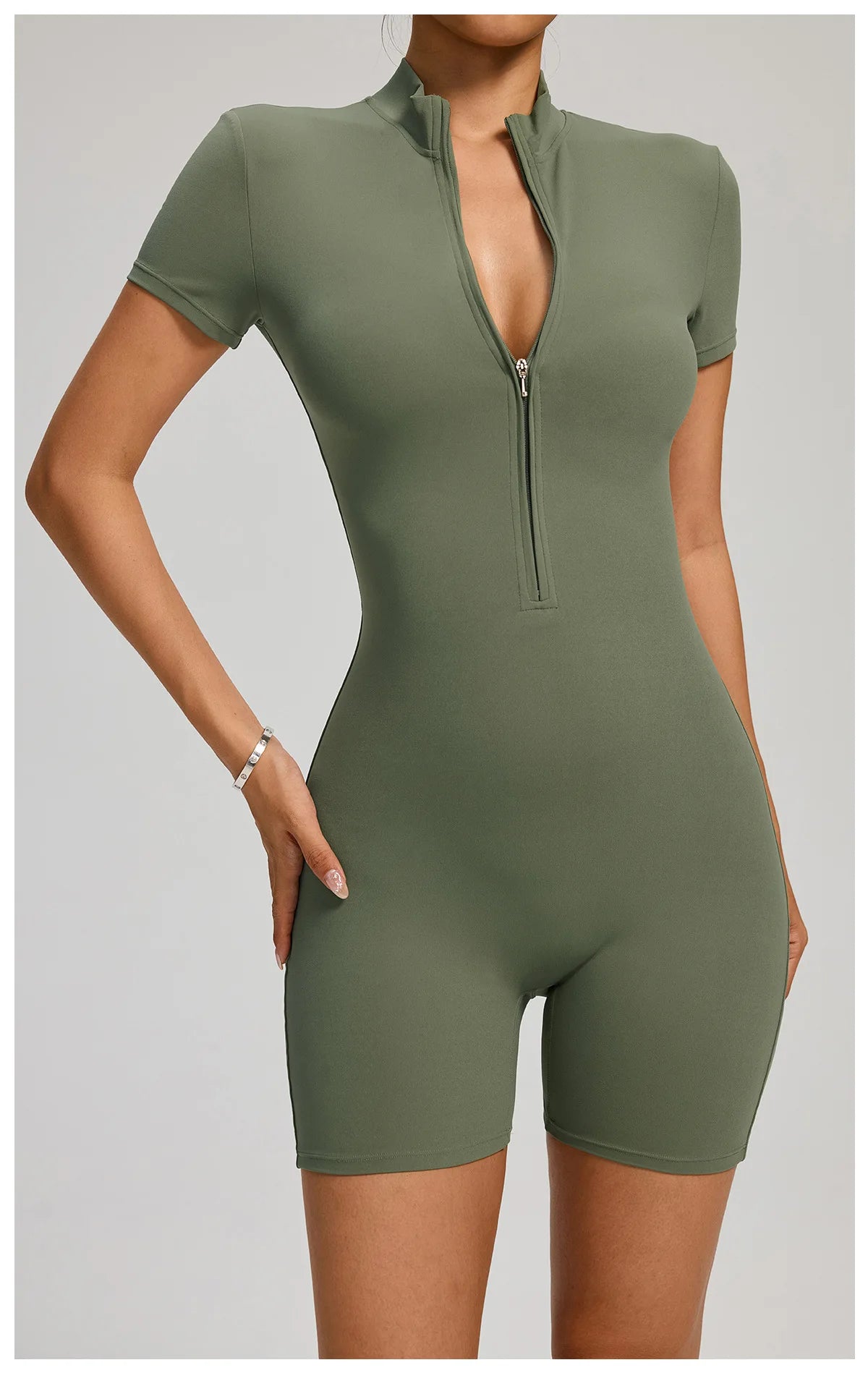 Zipper Front Jumpsuit - Short Sleeve Nylon Workout Set for Gym & Yoga