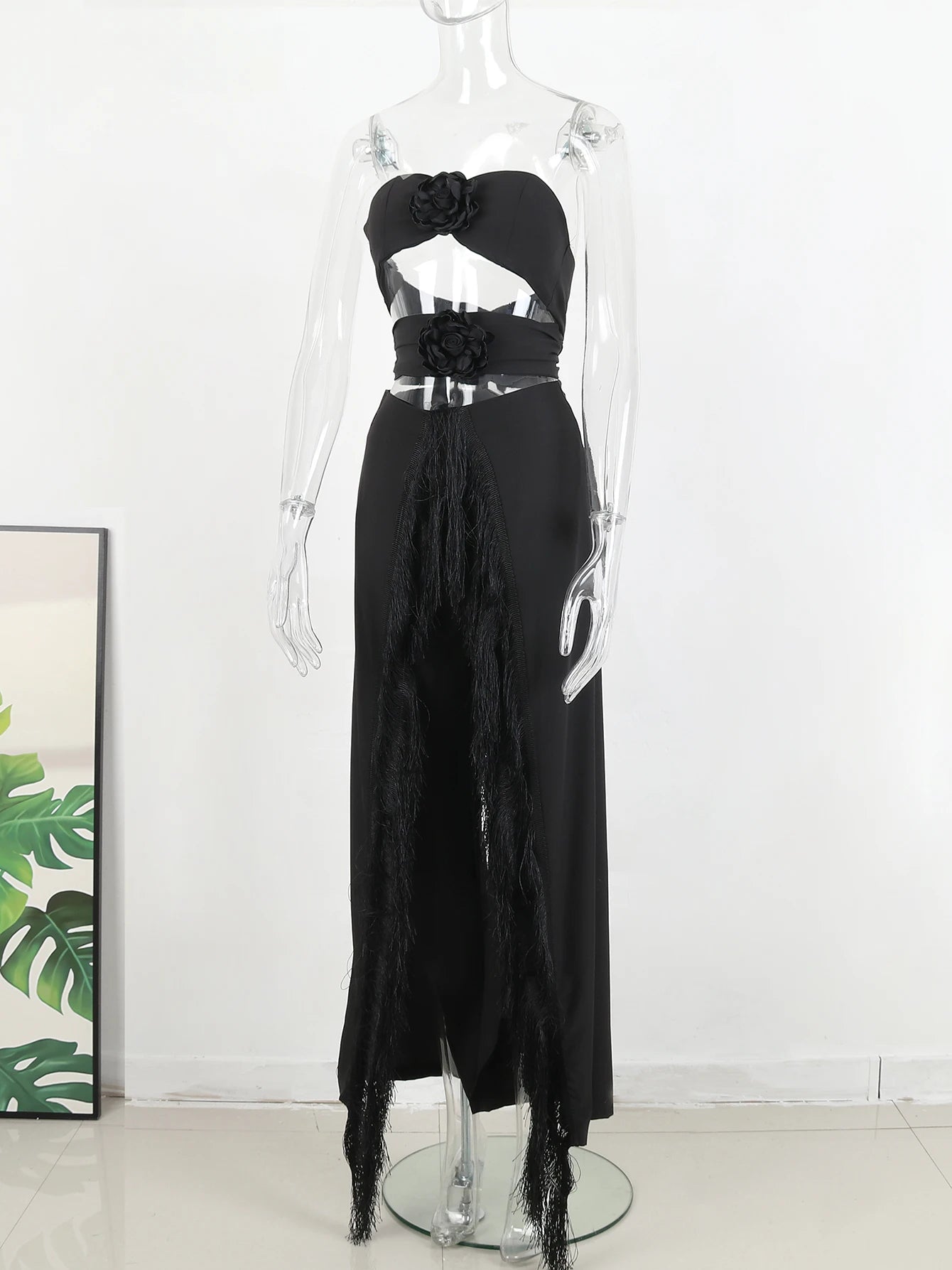 Women's Strapless Tie-Flower Crop Top & High Waist Wide Leg Trousers Set