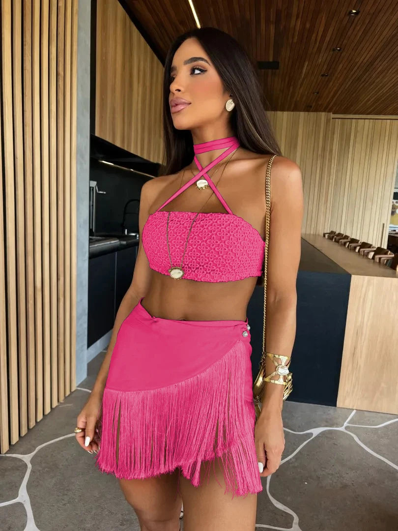 Women's Two Piece Halter Lace Bra Tassel Mini Skirt Set