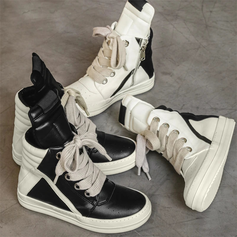 Men's High-Top Leather Sneakers - Lace-Up Ankle Boots