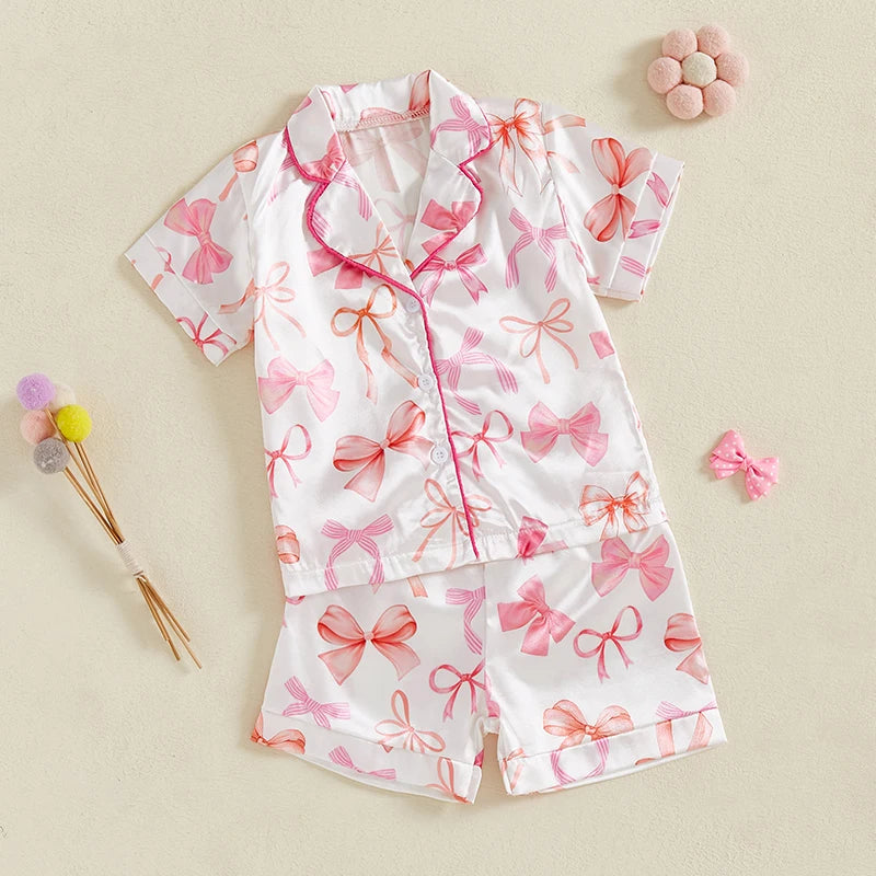 0-4Y Summer  Kids Girls Summer Pyjamas Clothes Sets 2pcs Flower Bow Print Single Breasted Shirts and Shorts