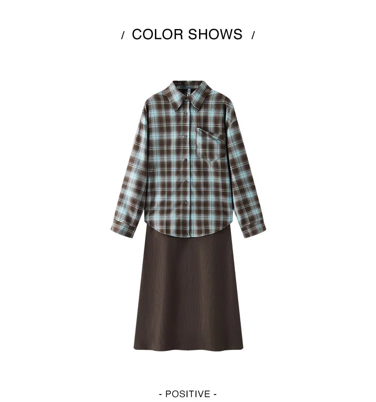 U-Neck Vest Dress & Checkered Shirt Set - Vintage Two Piece Autumn Outfit