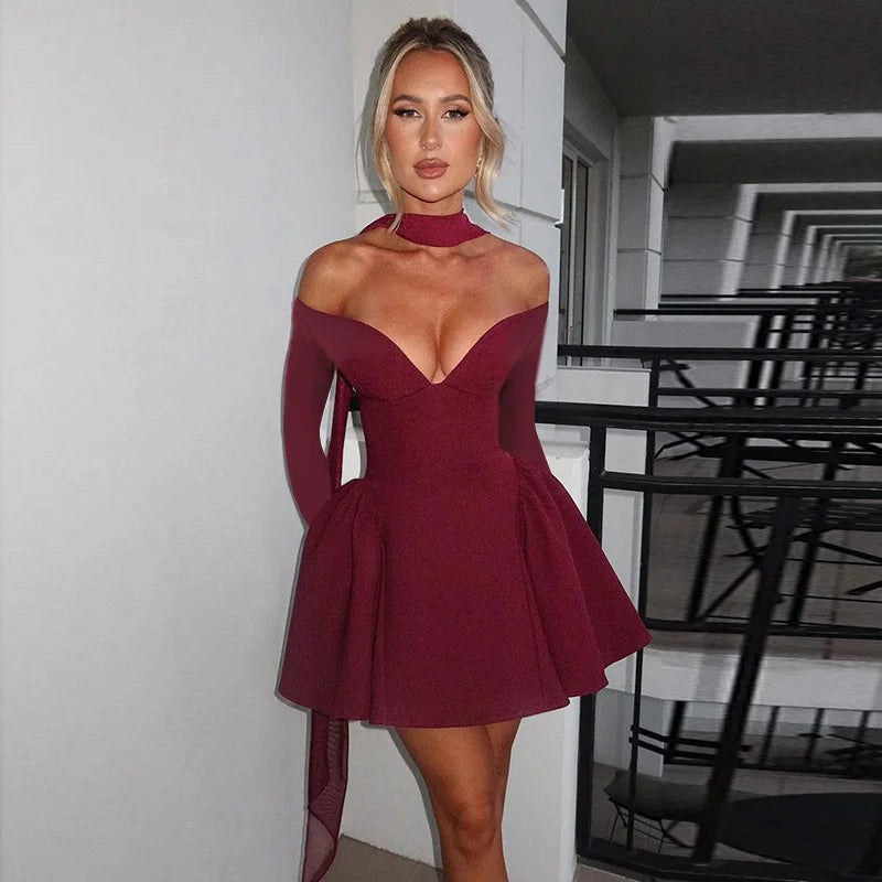 Women's Off Shoulder V Neck A-Line Mini Dress Club Party Outfits for Women Long Sleeve Sexy Bodycon Dresses Elegant Gown