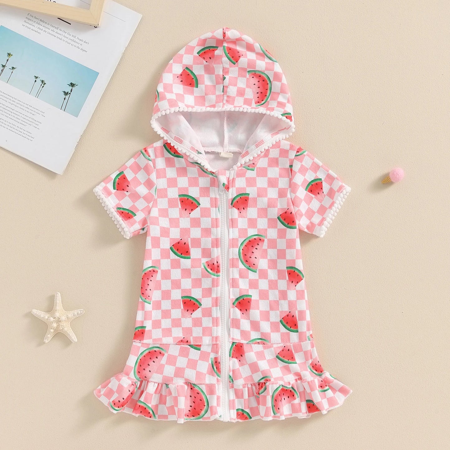 1-8Y Summer Kids Girls Beach Dress Watermelon Flamingo Ice Cream Print Hooded Zipper Closure Swimwear