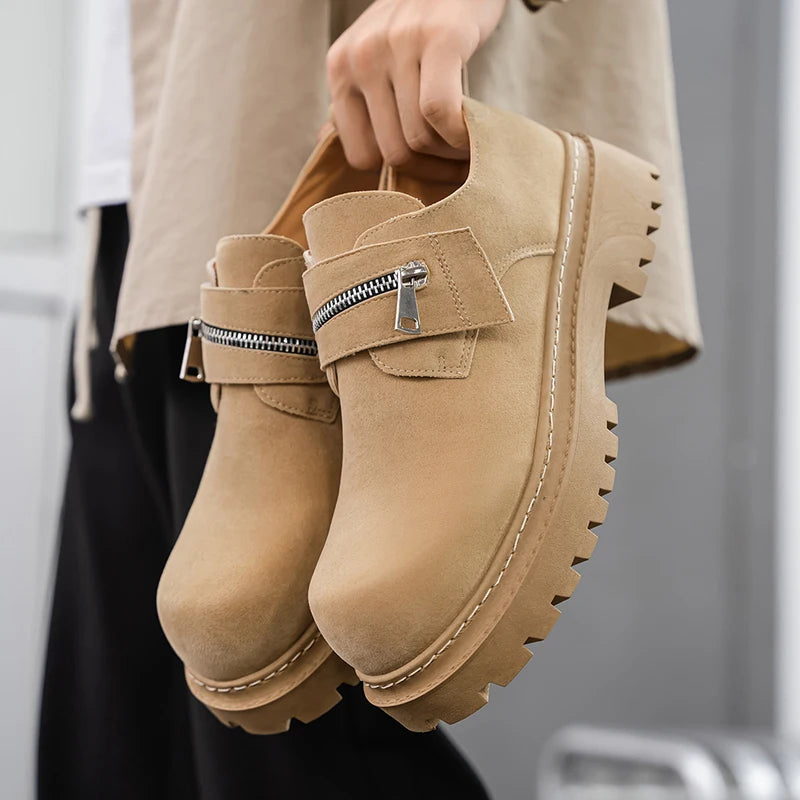 Men's Suede Leather Platform Work Shoes - Zipper Business Sneakers