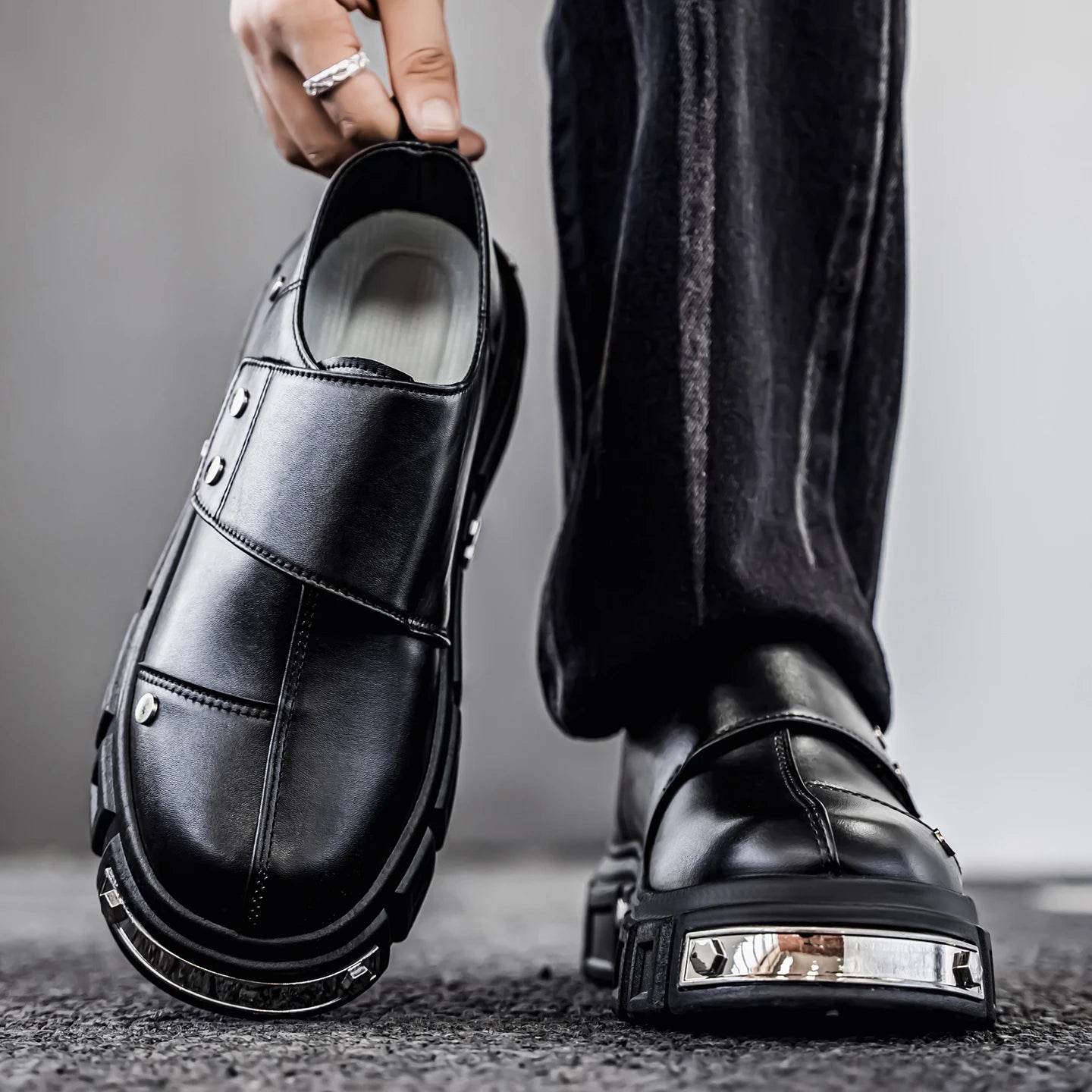 Men's Leather Platform Derby Shoes - Metal Detail Casual Dress Sneakers