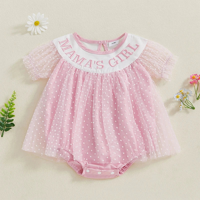 Baby Girls Birthday Romper Dress - Short Sleeve Dots Letters Embroidery Tulle Jumpsuit