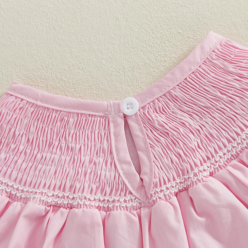 Baby Girls Easter Romper - Ruffled Sleeve Rabbit Embroidery Smocked Jumpsuit