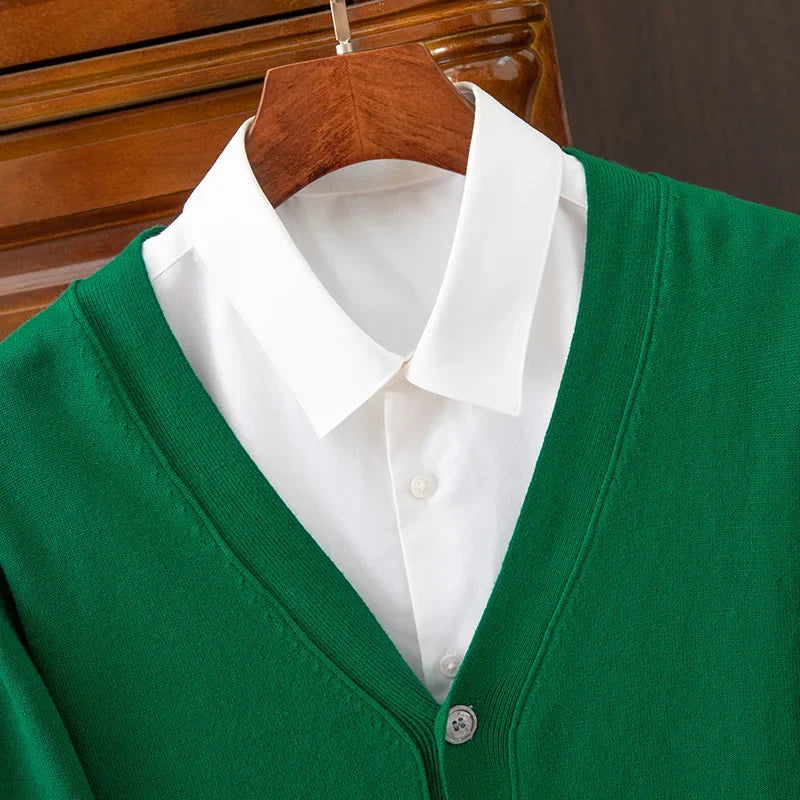 Men's V-Neck Cardigan Sweater - Business Casual Solid Color