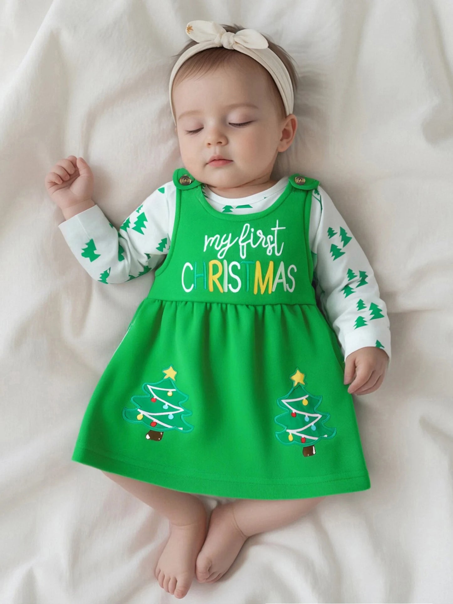 Baby Girls Christmas Clothes Set - Xmas Tree Print Long Sleeve Romper & Letter Embroidery Sleeveless Dress