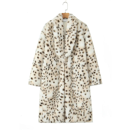 Faux Fur Leopard Print Long Coat - Long Sleeve Loose Warm Winter Outerwear